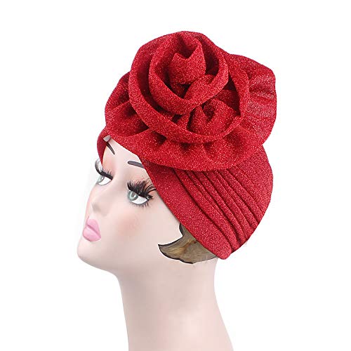 Fxhixiy Women Elastic Glitter Big Flower Turban Beanie Head wrap Hair Loss Chemo Cap Hat (Red)