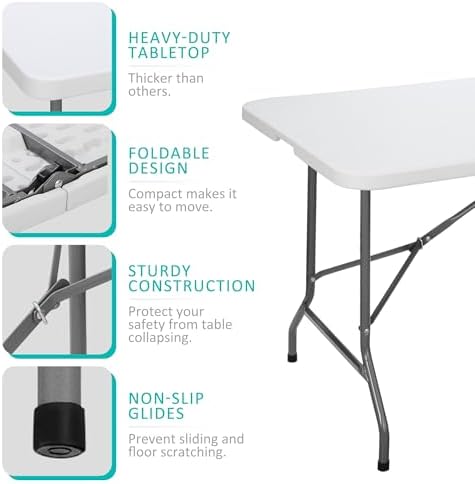 SUPER DEAL 6FT Folding Table for Indoor Outdoor, Portable Heavy Duty Fold-in-Half Plastic Dining Picnic Party Camping Table with Carrying Handle