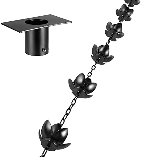 Oak Leaf Rain Chain, Lotus Rain Catcher Chain for Gutters Outside with Adapter, Rain Chain Cups to Replace Gutter Downspout, Divert Water and Home Display, 12 Cups, Adjustable,Black Powder Coated