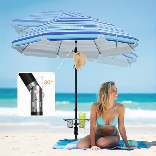 HOMEDEMO 7ft Beach Umbrellas For Sand Heavy Duty Wind, Portable Beach Umbrella UPF 50+ Windproof Outdoor Beach Umbrella with Sand Anchor, Tilt Pole, Carry Bag, Table Tray, Vent and Hook