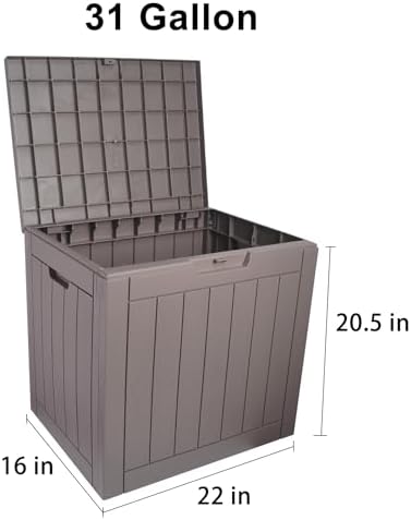 Plastic Deck Box Small Resin 31 Gallon Patio Storage Boxes Outdoor Waterproof Storage for Outside Toy Storage Box Waterproof Grey Garden Bin with Lid Lockable Dock Box
