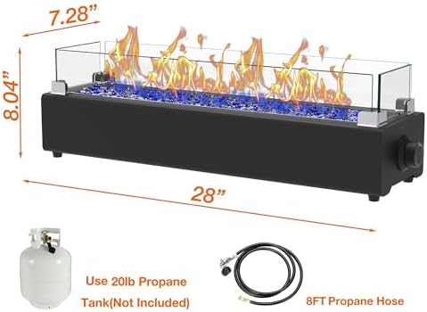 28-inch Table Top Propane Fire Pit, 40,000 BTU Tabletop Firepit for Patio, Outdoor Portable Fireplace Rectangular Fire Bowl w/Wind Glass Shield, Glass Rocks - Black