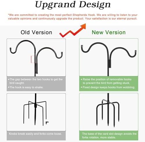 Gtongoko Double Shepherds Hook for Outdoor, 76 Inch Bird Feeder Pole with 5 Prongs Base, 5/8 Inch Thick Heavy Duty Adjustable Garden Hook for Hanging Plant, Lantern, Hummingbird Feeder, 1 Pack