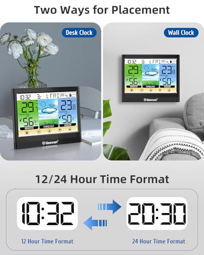 Geevon Weather Stations Wireless Indoor Outdoor Thermometer Hygrometer with Dew Point, Heat Index, Touch LCD Display Digital Weather Thermometer with Alarm Clock and Adjustable Backlight