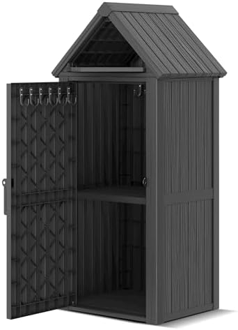 Outdoor Resin Storage Shed, Upgrade Durable Storage Cabinet with Removable Shelves and Lock Ring, Reinforced Floor, All-Weather Construction for Garden Patio Lawn (Black)