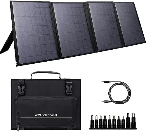 Portable Solar Panel 40W, Foldable Solar Charger for Outdoor Solar Generator Power Station, Adjustable Kickstand,10 in 1 Connectors,DC to DC Cable,USB QC3.0 Output for Camping RV Road Trip Adventure