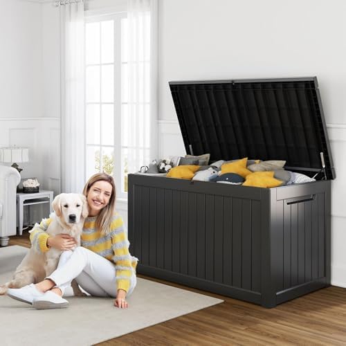 230 Gallon Resin Deck Box, Lockable Patio Outdoor Storage Box for Furniture, Garden Tools and Tools Storage, Waterproof Outside Storage Boxes - Black