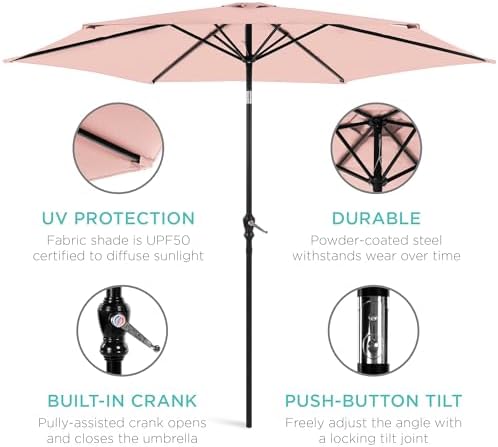 Best Choice Products 10ft Outdoor Steel Polyester Market Patio Umbrella w/Crank, Easy Push Button, Tilt, Table Compatible - Rose Quartz