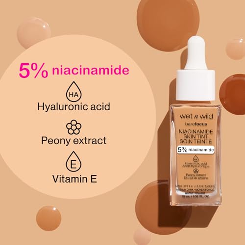 wet n wild Bare Focus Skin Tint, 5% Niacinamide Enriched, Buildable Sheer Lightweight Coverage, Natural Radiant Finish, Hyaluronic & Vitamin Hydration Boost, Cruelty-Free & Vegan - Mocha