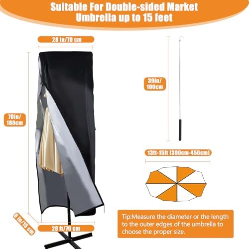 Patio Umbrella Parasol Cover, 420D Waterproof Outdoor, Fits 13-15 ft Double-Sided Large Umbrella, Garden, Top Vent, Zipper, Windproof Anti-UV