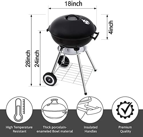 18 Inch Portable Charcoal Grill – Heavy-Duty Round BBQ Grill with Thickened Grilling Bowl, Sturdy with 4 Legs & Wheels for Small Outdoor Barbecue, Camping, Travel, Tailgating & Backyard Cooking