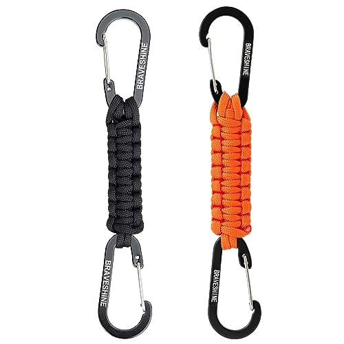 BRAVESHINE 1 Black 1 Orange Paracord Keychain Hooks Carabiner Clips, Lanyard Hanger D Ring Heavy-weight Stroller Hooks Holder for Water Bottle, Key, Backpacks, Tools, Men, Women