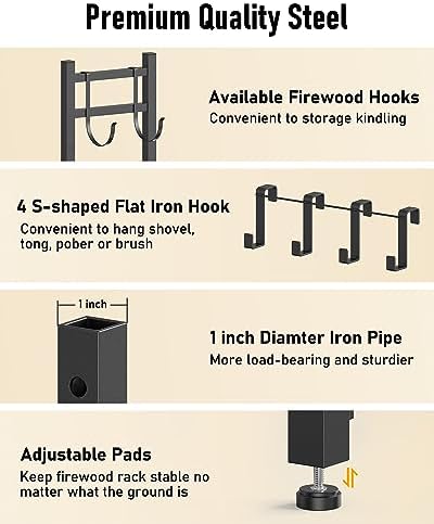 Brightown Firewood Rack Indoor with Log Carrier, 34inch Outdoor Wood Rack for Firewood,Fire Wood Storage with Kindling Hooks, Adjustable Pads, Heavy Duty Logs Holder for Fireplace Deck Outdoor, Black