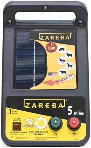 Zareba ESP5M-Z Solar Powered Low Impedance Electric Fence Charger - 5 Mile Lightning Electric Fence Energizer, Contain Animals and Keep Out Predators,Black