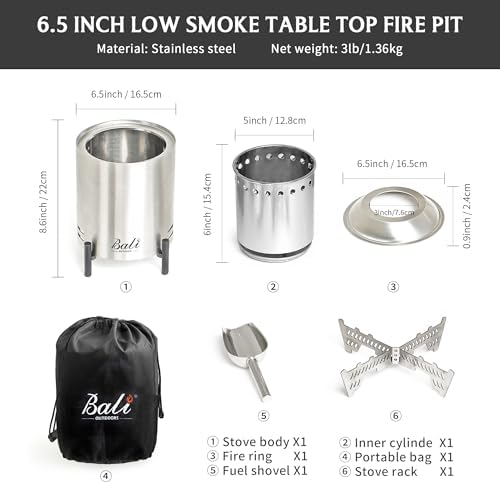 BALI OUTDOORS 6.5 inch Tabletop Fire Pit Round, Stainless Steel Table Top Firepit Small, Outdoor Smokeless Firepit Portable