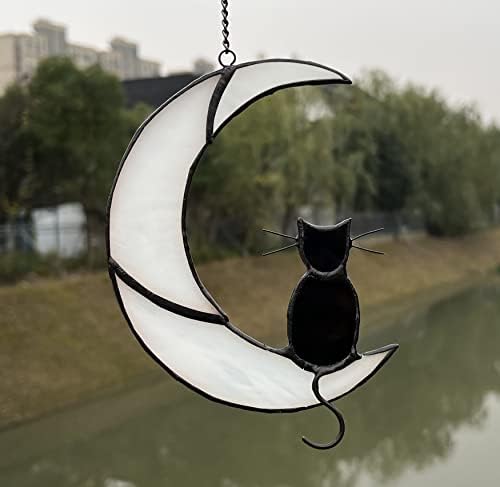 Black Cat Decor On White Moon Stained Glass Window Hanging Suncatcher for Windows Panels Sun Catcher Halloween Ornament Decoration Memorial Gift for Lover Cat Loss