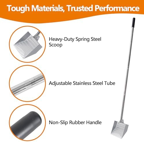 Chicken Poop Scooper Sturdy Spring Steel Chicken Coop Scoop Heavy Duty 38 to 66" Adjustable Sifting Shovel for Chicken Coop with Long Stainless Steel and Rubber Handle