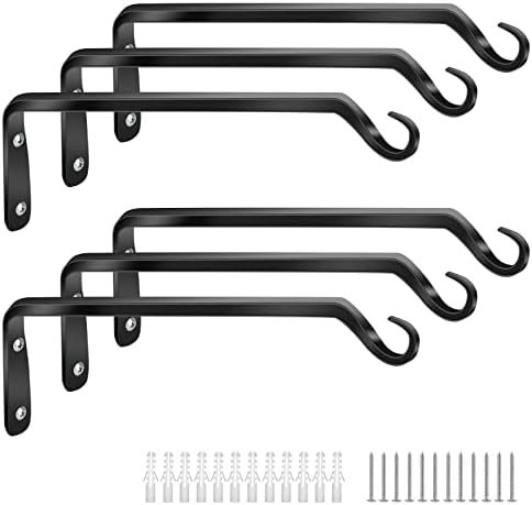 Worth Garden 6-Pack 10" Plant Hanger Bracket - Forged Wrought Iron Powder-Coated Heavy Duty Wall Hook - Black Plant Hanging Hooks - Durable and Stable for Bird Feeders, Planters Indoor & Outdoor