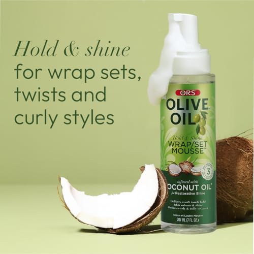 ORS Olive Oil Hold & Shine Wrap Set Mousse Infused with Coconut Oil for Restorative Shine 7 Ounce (Pack of 4)