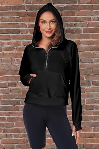 FKEEP Womens Half Zip Hoodies Quarter Zipper Up Cropped Sweatshirt Long Sleeve Athletic Pullover Tops with Thumb Hole(Black,Large)