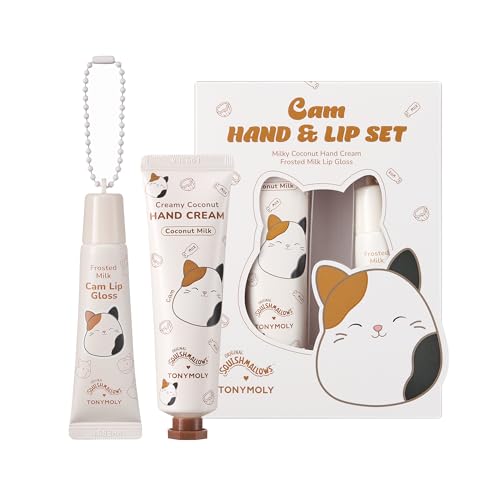 TONYMOLY x Squishmallow Easter Basket Stuffer Cam the Cat 2PC Hand Cream & Lip Gloss Set, Coconut Milk Hand Cream, Frosted Milk Lip Gloss