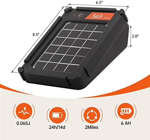 S65 0.065J Solar Electric Fence, 2 Miles Solar Fence Charger for Preventing Bears, Raccoons, Skunks Intruding, Solar Electric Fence Charger with Grounding Rod