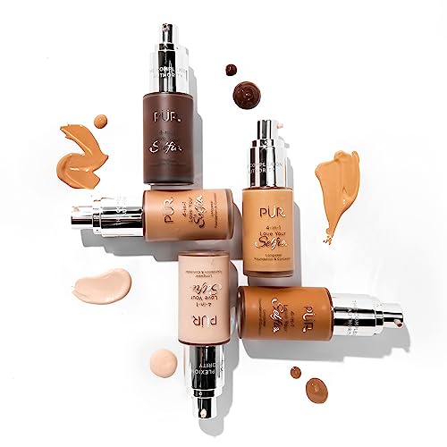 PÜR MINERALS 4-in-1 Love Your Selfie Longwear Foundation & Concealer, Full Coverage Liquid Foundation, Hydrating Formula, Cruelty Free
