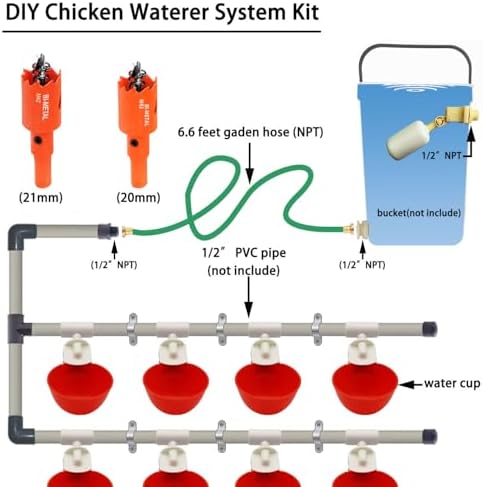 Complete Set Pipeline Automatic Chicken Watering System, 1/2" PVC Tee Fittings & PVC Pipe & Garden Hose, Chicken Water Cups, Poultry Waterer, Automatic Chicken Waterer, Chicken Nipple Waterer