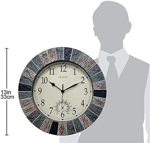 OCEST 13 Inch Large Outdoor Indoor Clock, Waterproof Wall Clock with Thermometer, Weather-Resistant Non-Ticking Battery Operated Decor for Patio, Pool, Lanai, Fence, Porch, Garden(Brown)