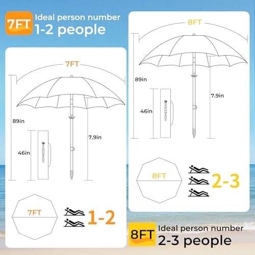 HOMEDEMO 7ft Beach Umbrellas For Sand Heavy Duty Wind, Portable Beach Umbrella UPF 50+ Windproof Outdoor Beach Umbrella with Sand Anchor, Tilt Pole, Carry Bag, Table Tray, Vent and Hook