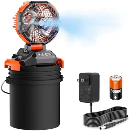 Portable Misting Fan, 30000mAh Rechargeable Battery Powered Floor Cooling Fan with 4 Strong Winds, 4 Spray Mister, Adjustable Base for 10-13in Bucket for Camping, Beach, Patio (No Bucket)- Orange