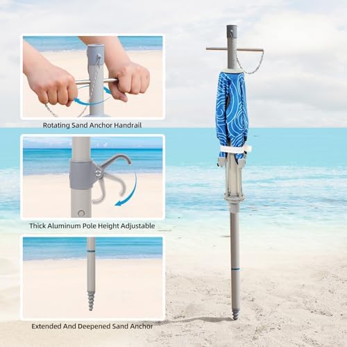 7ft Beach Umbrella with Built-in Table Tray,UPF 50+ beach umbrellas for sand heavy duty wind portable, Windproof Outdoor Shade Umbrella for Patio Garden