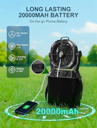 Portable Misting Fans - 6L Water Tank, 20000mAh Rechargeable Outside Water Fans with Remote Control, LED Light Adjustable Spray Mister Fan with Hook/Bucket, Misters for Outdoor Patio/Camping