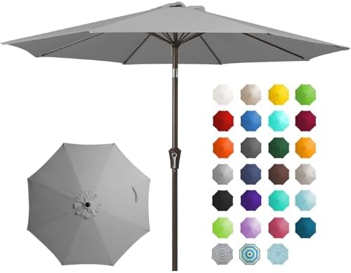 JEAREY 9FT Outdoor Patio Umbrella Outdoor Table Umbrella with Push Button Tilt and Crank, Market Umbrella 8 Sturdy Ribs UV Protection Waterproof for Garden, Deck, Backyard, Pool (Light Gray)