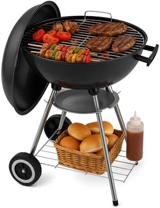 18 Inch Portable Charcoal Grill – Heavy-Duty Round BBQ Grill with Thickened Grilling Bowl, Sturdy with 4 Legs & Wheels for Small Outdoor Barbecue, Camping, Travel, Tailgating & Backyard Cooking