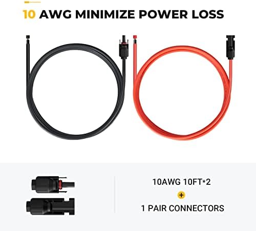 BougeRV 10 Feet 10AWG Solar Extension Cable with Female and Male Connector with Extra Pair of Connectors Solar Panel Adaptor Kit Tool (10FT Red + 10FT Black)
