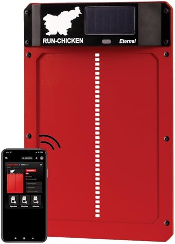 RUN-CHICKEN Door (Red) Solar, Chicken Coop Door, Battery Powered Automatic Chicken Coop Door, Programmable Electric Chicken Door with Timer, Light Sensor, Solar Powered, Eternal