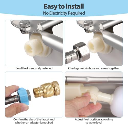Automatic Water Dispenser for Chicken, 304 Stainless Steel Outdoor Auto Fill Waterer Bowl Self Refilling Watering System with 2 Float Valves and Drainage Hole for Chicken,Duck,Poultry