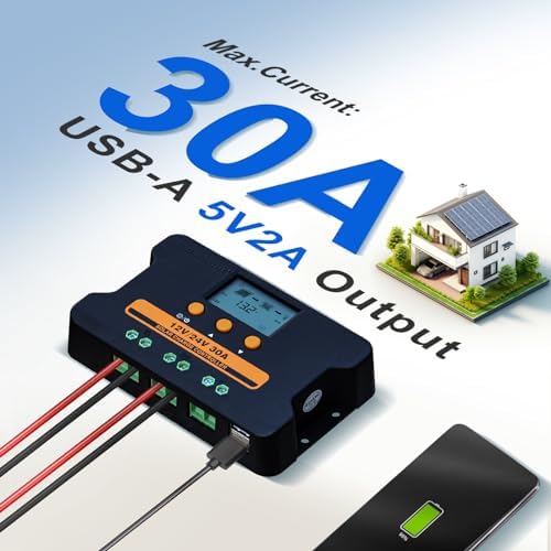 ECO-WORTHY Solar Charge Controller 30A Solar Panel Custom Battery Regulator, Dual USB Port Auto 12V/24V PWM for FLD/LiFePO4/SLD/GEL RV Solar System