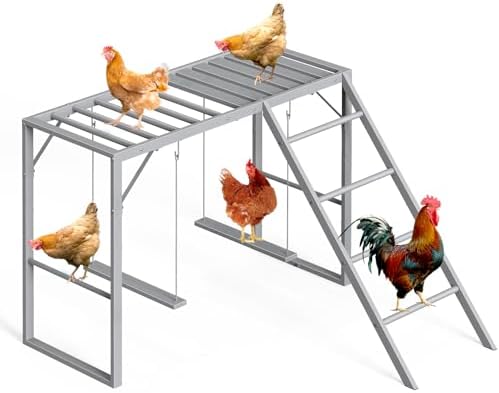 Chicken Perch Swing, Chicken Roosting Bars with Ladder for Coop, Metal Pet Swing Set for Pet's Healthy & Happy for 8-10 Chick, Grey