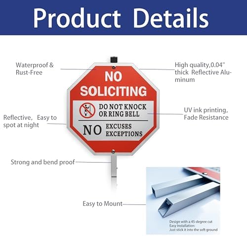 No Soliciting Sign for House and Yard - 10x10 Inch, 40 Mil Rustproof Aluminum, Weatherproof, Reflective, with 28-Inch Stake - Do Not Knock or Ring Doorbell Sign for Front Door and Property Protection