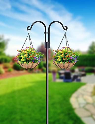 Double Shepherds Hooks for Outdoor, 2 Pack 76 Inch Bird Feeder Pole with 5 Prongs Base, Heavy Duty Garden Hook for Hanging Plant, Lantern, Hummingbird Feeder