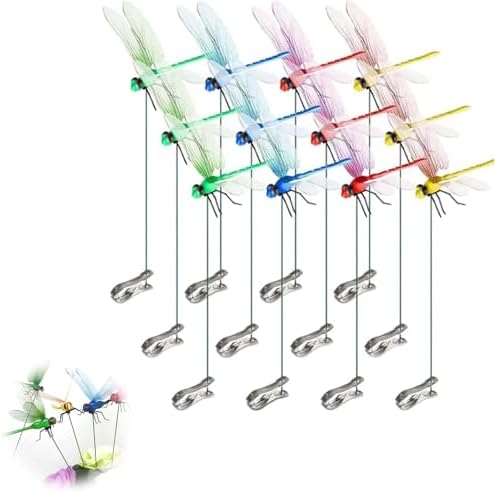 Artificial Dragonfly Pole Clips for Outdoors,Dragonfly Hat Clip,3D Dragonfly Garden Decorative Clips,Horticultural Dragonfly Decoration 12Pcs