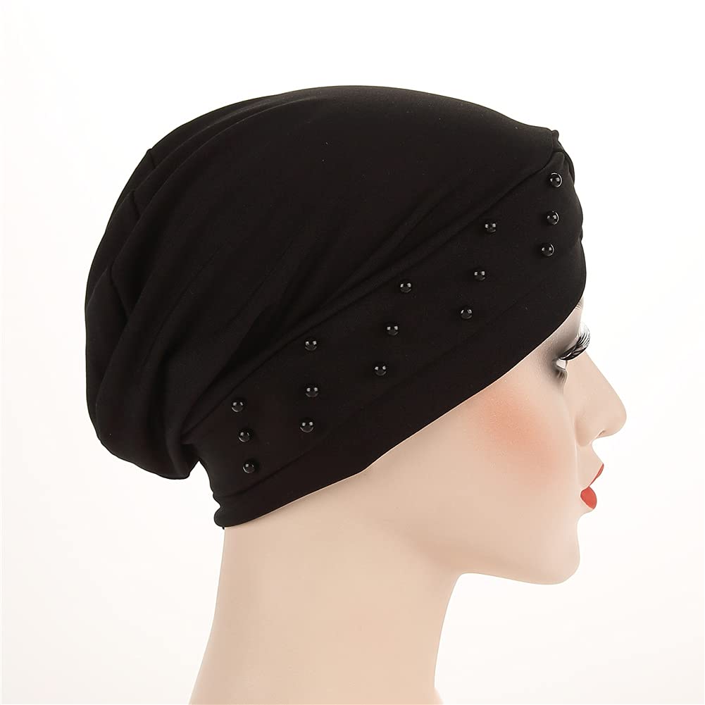 Fxhixiy Women Turban Head Wrap Pre-Tied Beaded Silky Cap Chemo Beanies Chemical Cancer Hair Cover Hat (Black)