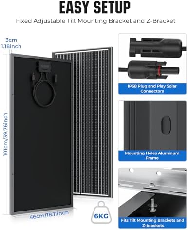 18BB 100 Watt Solar Panel, N-Type 12V 100W Solar Panel, 25% High Efficiency Monocrystalline PV Modules for RV, Marine, Rooftop, Farm, Trailer, Home Off-Grid System