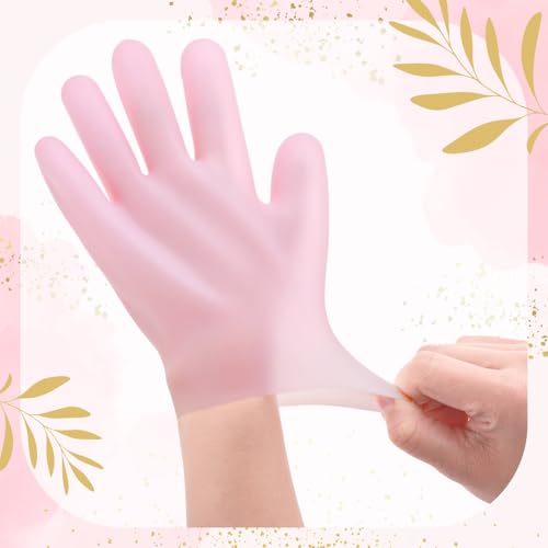 Gjinxi 2 Pairs Silicone Gloves for Dry Cracked Hands - Moisturizing Hand Care Spa Gel Gloves for Women After Pedicure - Pink & White