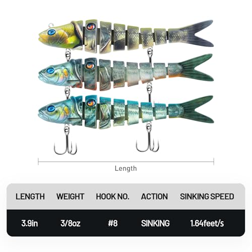 HANDING M1 Multi-Jointed Swimbait Fishing Lure with Mustad Hook, Freshwater or Saltwater Musky Pike Bass Lures,Lifelike Hard Swimbait, Original Design, Angler's Gift 1/2oz,3/4oz,1 1/4oz (3 Pack)