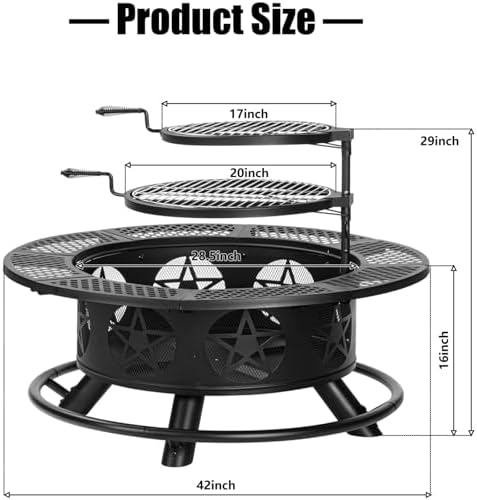 42 Inch Fire Pit with 2 Grills, Extra Large Wood Burning Fire Pits for Outside with Lid & Poker, Heavy Duty Firepit,BBQ& Outdoor Fire Pit & Round Metal Table 3 in 1 for Patio, Picnic, Party