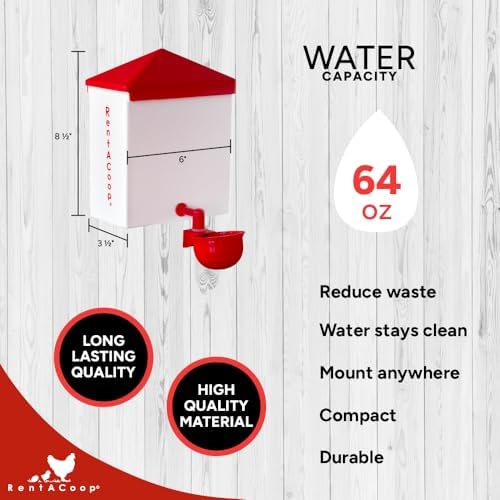 RentACoop 64oz(2L) Automatic Drinker - BPA-Free Waterer with Auto-Fill Cup - Suitable for Chicks, Quail, Pigeons, Doves, and Other Smaller Birds