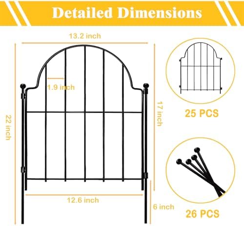 Garden Fence, 22 in(H) x 27.5 ft(L) Arched Rustproof Metal No Dig Fence Garden Fence Border,Ground Stake Animal Barrier Fence for Rabbit Dog, Outdoor Landscape Decor for Yard & Patio,25 Pack